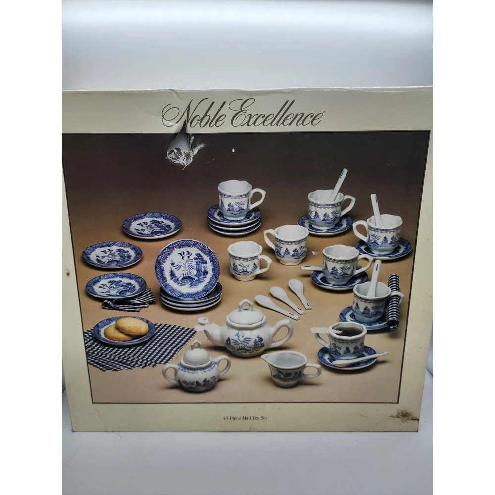 Noble Excellence Blue Willow Mini Tea Set 45 Piece Ceramic Child Tea Party Boxed